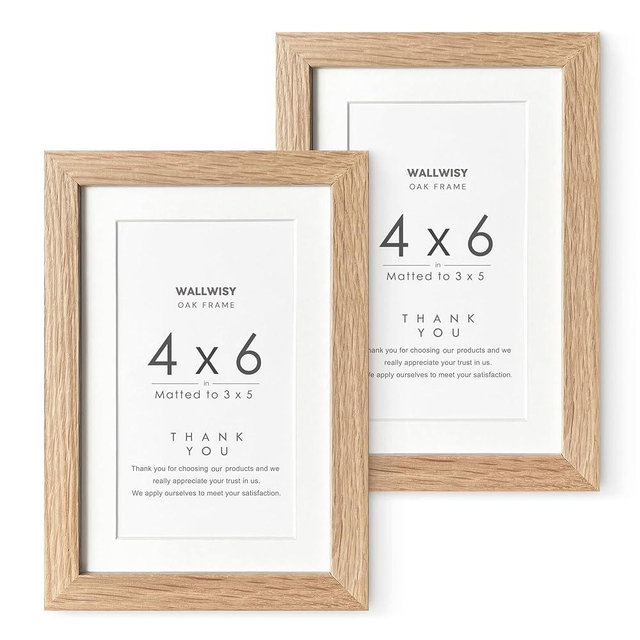 wallwisy 4x6 Picture Frame, Solid Oak Wood 4x6 Picture Frames with Mat to 3x5(Openning Size is 2.75x4.75), Natural Oak 6x4 Frame, Set of 2