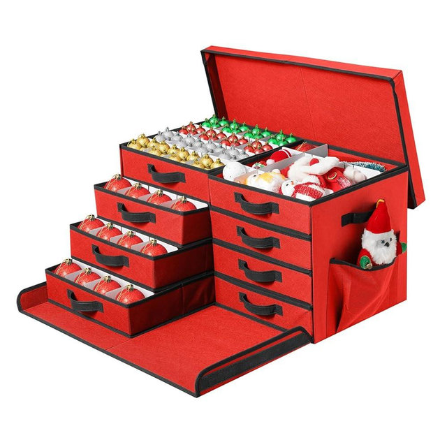 Peyulia Christmas Ornament Storage Box,Stackable Ornament Organizer with Lid and Pockets, Side Open,8 Trays,128-3" Holiday Ornament Container with Removable Trays and Adjustable Dividers,Red