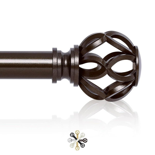 TVWOO Bronze Decorative Farmhouse Curtain Rods:72-144Inch Adjustable Heavy Duty Single Window Curtain Rod for Bedroom Living Room,Bronze Boho Rustic Drapery Rods with Vintage Twist Finial Easy Install