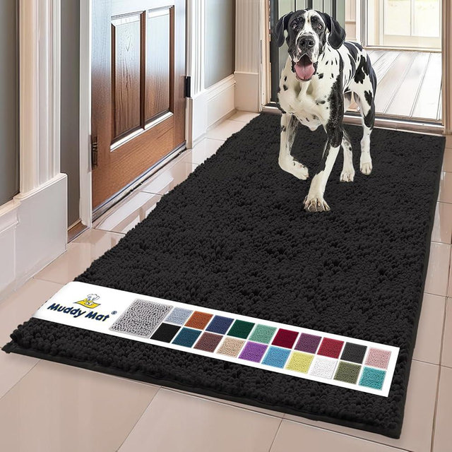 Muddy Mat® | Super Absorbent Door Mat Indoor, Microfiber Quick Dry Chenille Entryway Rug, Non-Slip Front Door Mat, Indoor Mats for Entryway, Machine Washable Pet Rug, Black 24"x96"