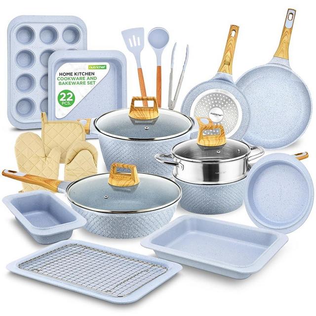 Nutrichef 22-Piece Cookware and Bakeware Set | Professional Home Kitchen Collection with Multi-Sized Pots, Pans, Non stick and Heat-Resistant Tools (Moon Grey Marble)