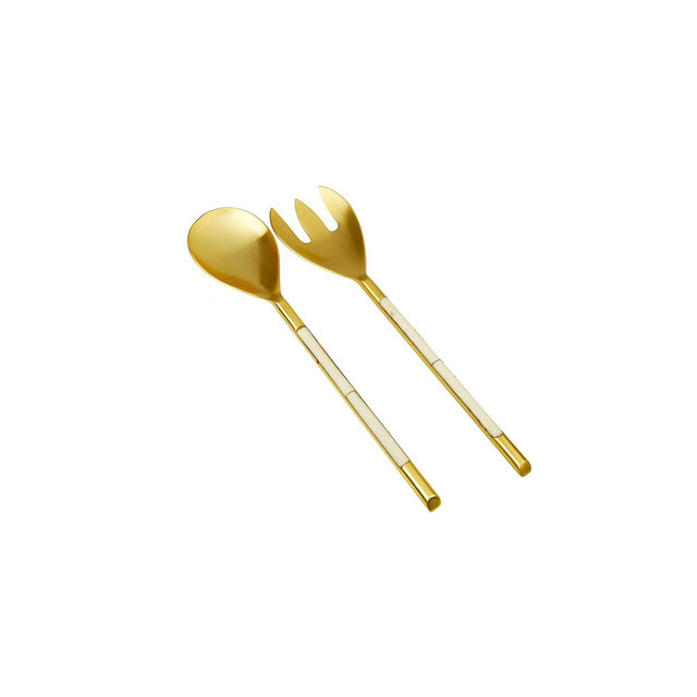 Classic Touch S/2 Gold Stainless Steel Salad Servers with White Handle