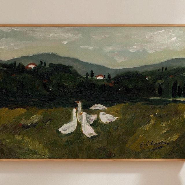 Italian Geese, Landscape Oil Painting by E. Christine | Fine Art Print