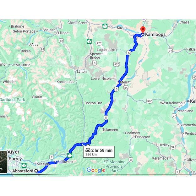 Allow 3 hours of travel time from Abbotsford to Kamloops