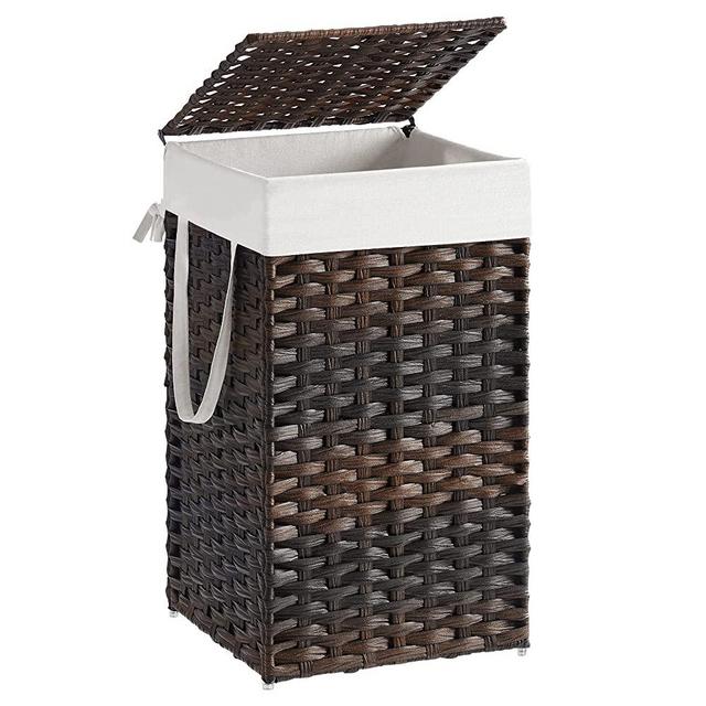 SONGMICS Laundry Hamper with Lid, 17.2 Gallon (65L) Synthetic Rattan Clothes Laundry Basket with Lid and Handles, Foldable, Removable Liner, Brown ULCB165K01