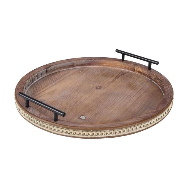 FESTWIND Coffee Table Tray Wooden Tray with Handles Round Decorative Trays for Home Decor Beaded Tray for Kitchen Counter Living Room Countertop Display