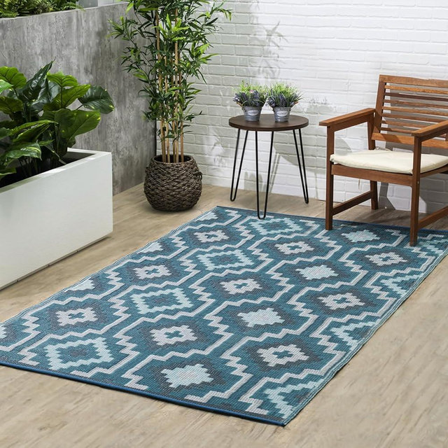 Fab Habitat Outdoor Rug - Waterproof, Fade Resistant, Crease-Free, Reversible - Premium Recycled Plastic - Vintage Boho Kilim - Patio, Deck, Porch, Balcony, Laundry Room - Lhasa - Teal - 4 x 6 ft