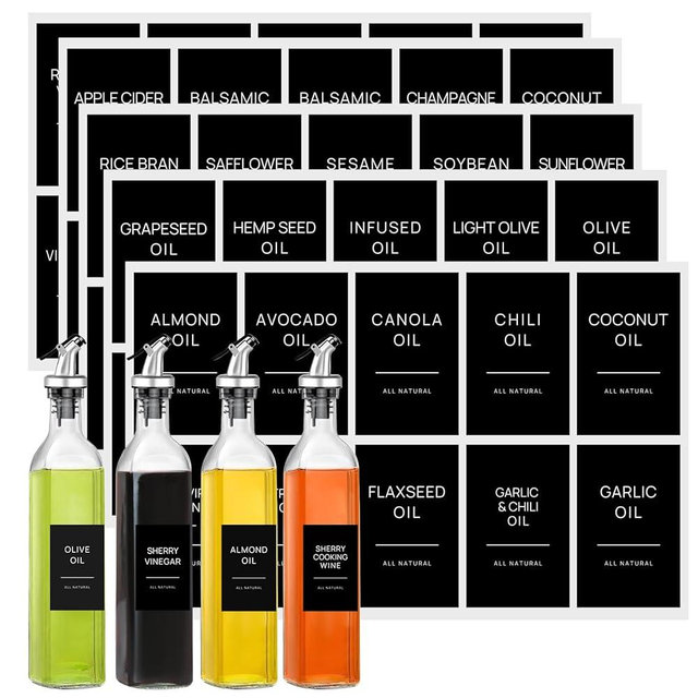 TESWEY 100 PCS Matte Black Oil and Vinegar Labels for Bottles,Olive Oil Cooking Oil Dispenser Labels Stickers,Oil Bottle Labels for Kitchen Organization