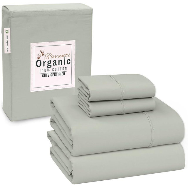 RUVANTI 100% Organic Cotton Sheets Queen Size Set, 4 Pieces, Soft & Breathable Percale Weave Bedding, Deep Pocket 16" Hotel Standard, Crisp Cool Feeling, Durable, Dyed Sheet, Mineral Gray