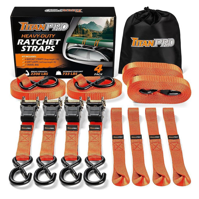 TitanPro Heavy Duty Ratchet Straps 4-Pack - 2,200lb Break Strength, 1" x 15' Rachet Tie Downs with Padded Handles - Heavy Duty, Truck, Motorcycle, Moving Straps (Orange)