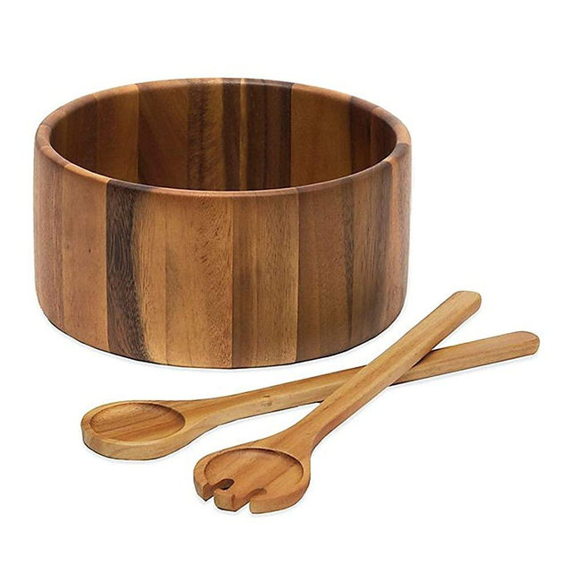 Lipper International Acacia Straight Side Bowl for Serving Salads and Fruits, Large, Includes Servers, Natural