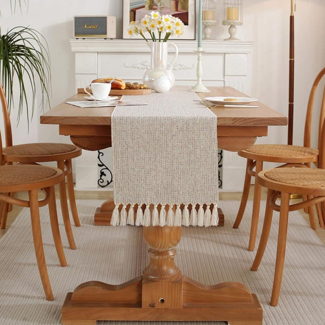13x72inch Tassel Bohemian Vintage Rustic Farmhouse Table Runner 72inches Long Dresser Scarf for Dining Kitchen Christmas Birthday Party, Beige