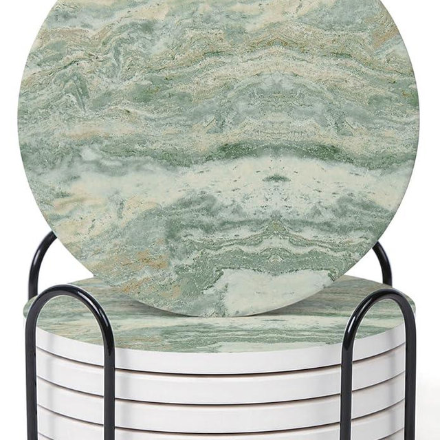 Hoomey Set of 6 Sage Green Abstract Onyx Marble Coasters with Holder, Absorbent Ceramic Drink Coasters for Table Protection, Coffee Table Decor