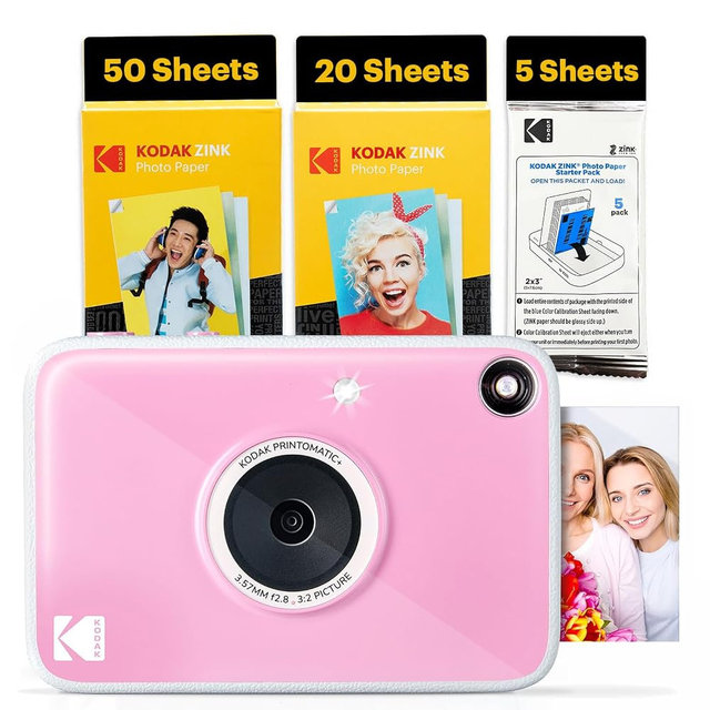 Kodak Printomatic+ Full Color Instant Print Digital Camera (Pink) 75 Sheets Bundle, 10MP, RGB LED Indicator, Prints On Zink 2x3 Sticky-Back Photo Paper
