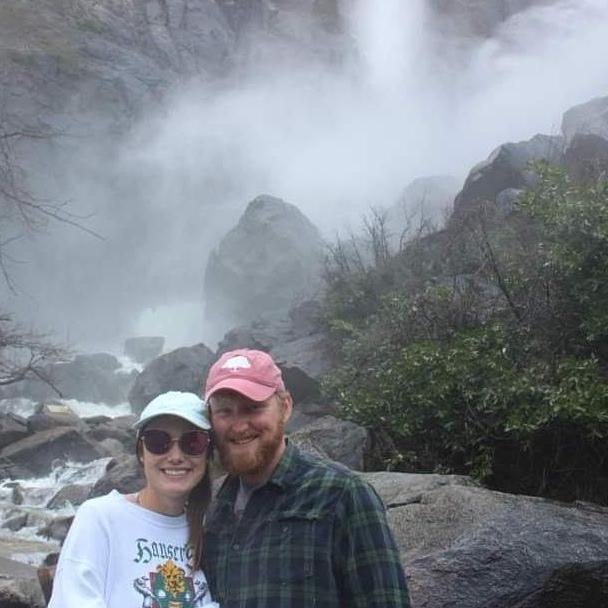 At a waterfall in Yosemite in April of 2019