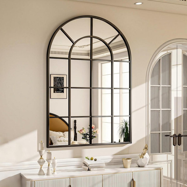 BEAUTYPEAK Arched Windowpane Mirror Bathroom Mirror Wall Mirror Mordern Mirror for Bedroom,Living room