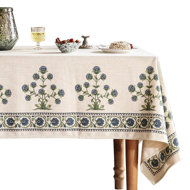 patdrea Designer Blue Tablecloth for Rectangle Tables,Vintage Linen with Leaves and Flowers Pattern Tablecloths,Farmhouse Floral Table Cover Cloth Decorative for Kitchen Dining Room,55"*71"