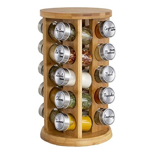 Orii 20 Jar Bamboo Rotating Spice Rack Filled with Spices - Rotating Standing Rack Shelf Holder & Countertop Spice Rack Tower Organizer for Kitchen Spices, Free Spice Refills for 5 Years