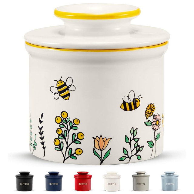 Kook Butter Keeper Dish, French Ceramic Crock with Lid, Embossed Container, For Soft Butter, (Meadow)
