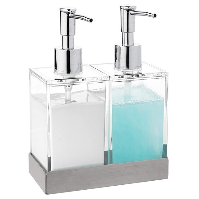 Modern Innovations Acrylic Twin Liquid Soap and Lotion Dispenser Set with Caddy - Double Soap Dispenser for Kitchen Sink - Clear Soap Dispenser for Bathroom, Shampoo, Conditioner, Body Wash