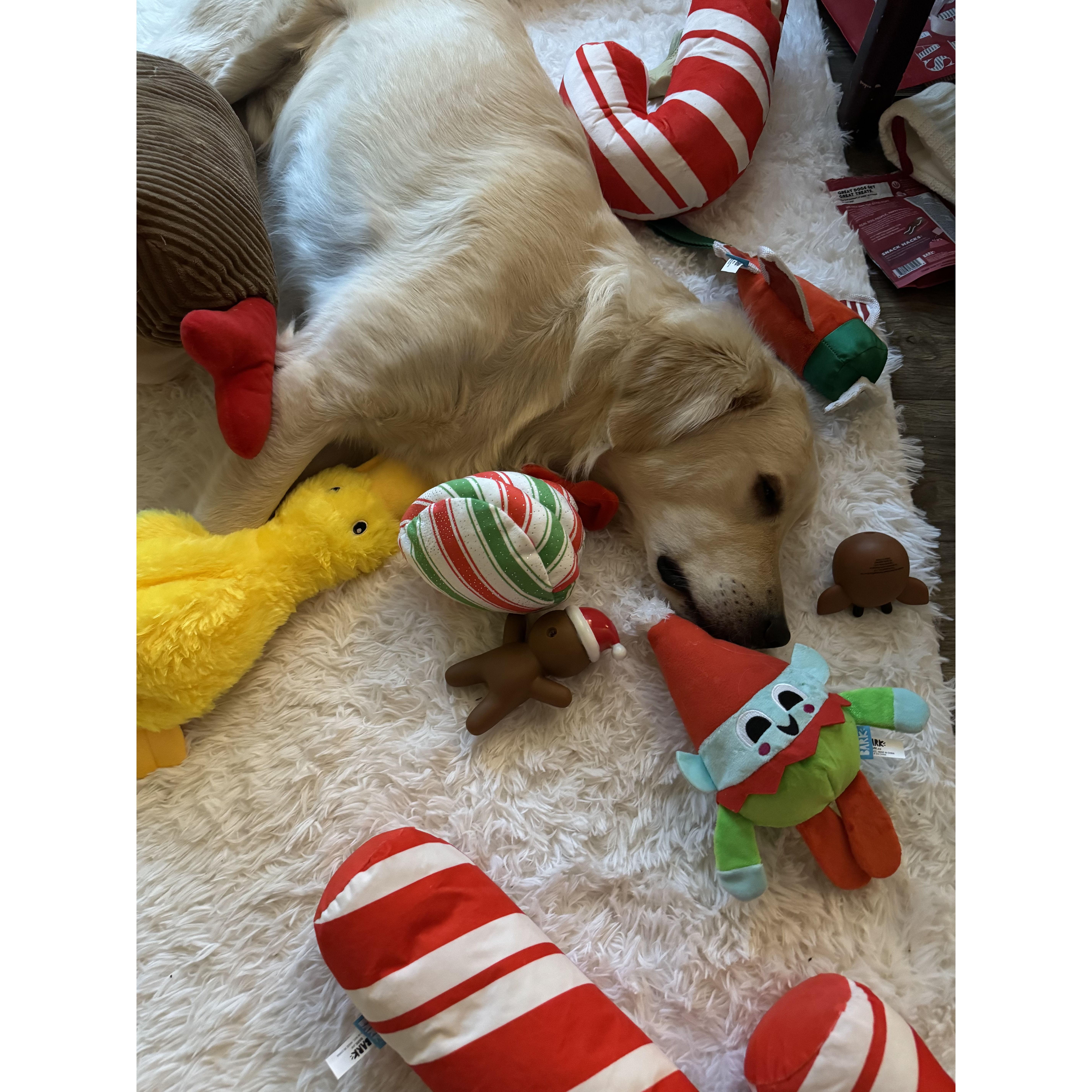 Surrounded by his hoard of Christmas toys.