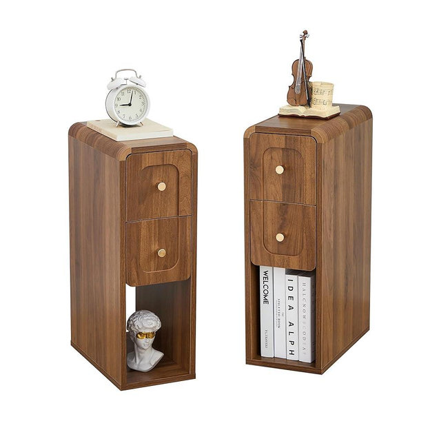 MAHYIZYI Small Nightstand Set of 2, Wooden Narrow Nightstands with 2 Drawers, Vintage Side End Table for Small Spaces, Skinny Night Stand, Bedside Table for Bedroom, Living Room (Walnut-2PCS)