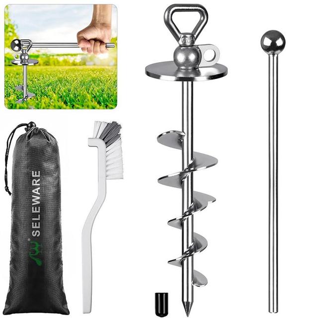 SELEWARE Dog Tie Out Stake Outdoor Anti-Rust Ground Anchor for Large Dogs up to 220 lbs, Free Swivel Dog Stake Dog Camping Gear Twist Rod Included Silver