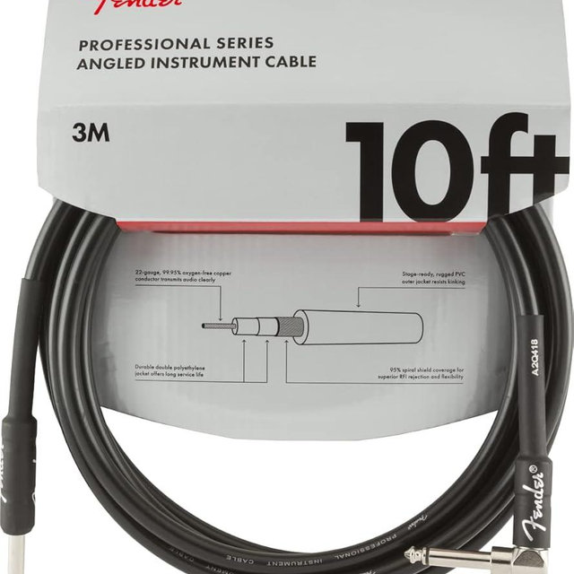 Fender Professional Series Instrument Cable, Guitar Cable, Guitar Accessories, Straight/Angle, Black, 10ft