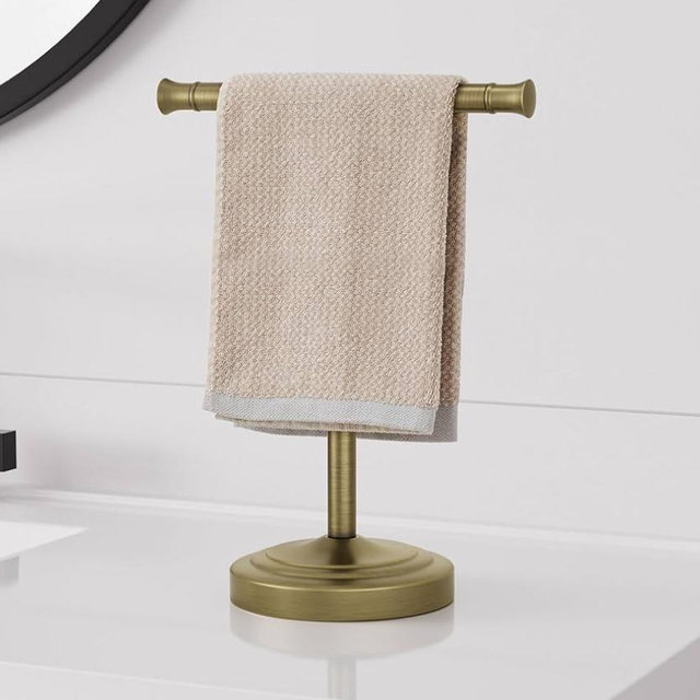 RUMOSE 13 Inch Antique Brass Towel Bar Stand Hand Holder Bathroom Kitchen Vanity Countertop T-Shape Towel Rack Free Standing Stainless Steel