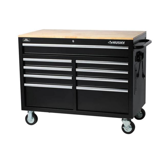 46 in. W x 24.5 in. D Standard Duty 9-Drawer Mobile Workbench Tool Chest with Solid Wood Top in Gloss Black