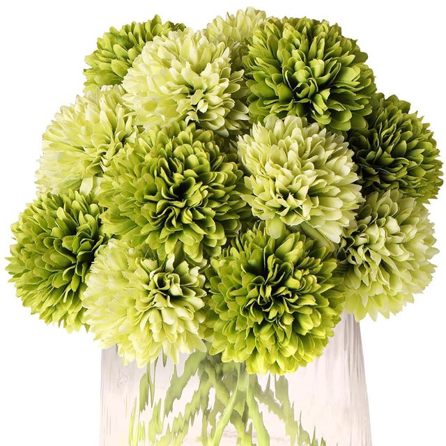 Kimura's Cabin 20Pcs Green Artificial Chrysanthemums Fake Silk Ball Flowers Mums Bouquets Arrangements Wedding Party Decor St Patricks Day Home Kitchen Garden Table DIY Floral Centerpieces (Green)