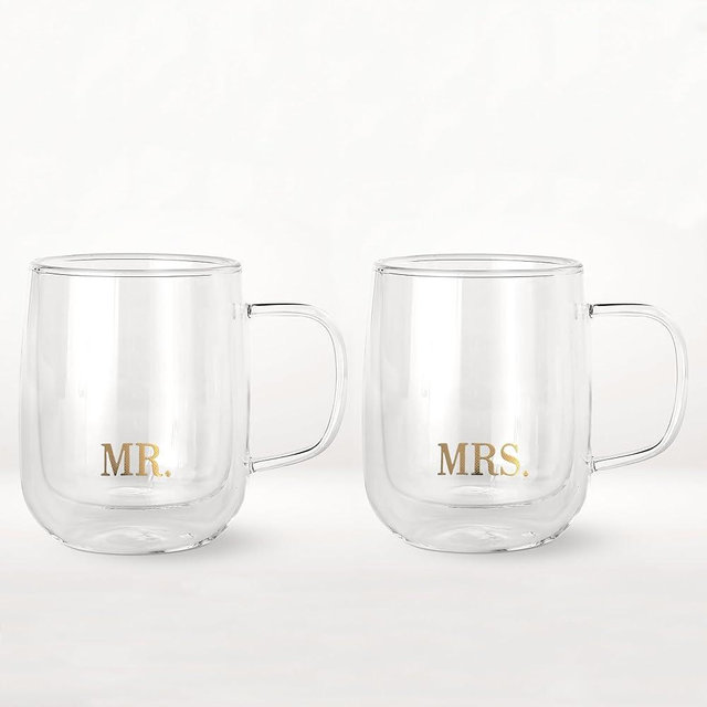 COLLECTIVE HOME - Double Walled Glass Coffee Mugs, Insulated Coffee Mug with Handle, Wedding gifts, 14oz Couple Mug Sets (MR. & MRs.)
