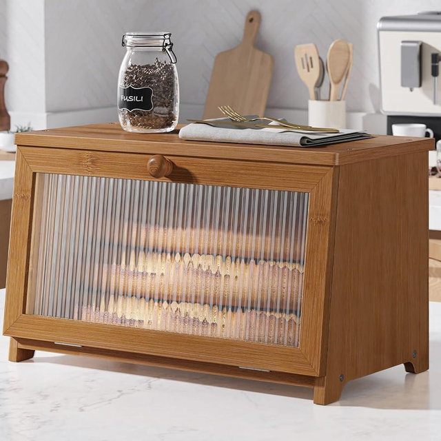 Kitsure Bamboo Bread Box Single Layer Kitchen Countertop Storage Organizer Natural Brown