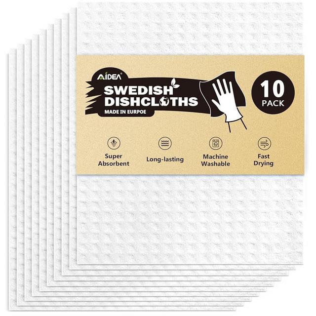 AIDEA Swedish Dishcloths for Kitchen, 10PK, White, Absorbent Sponge Dish Cloth, Dishcloths for Washing Dishes, Reusable Paper Towels Dish Cloths, Swedish Towels for Home, Kitchen, Glass, 7" x 6"