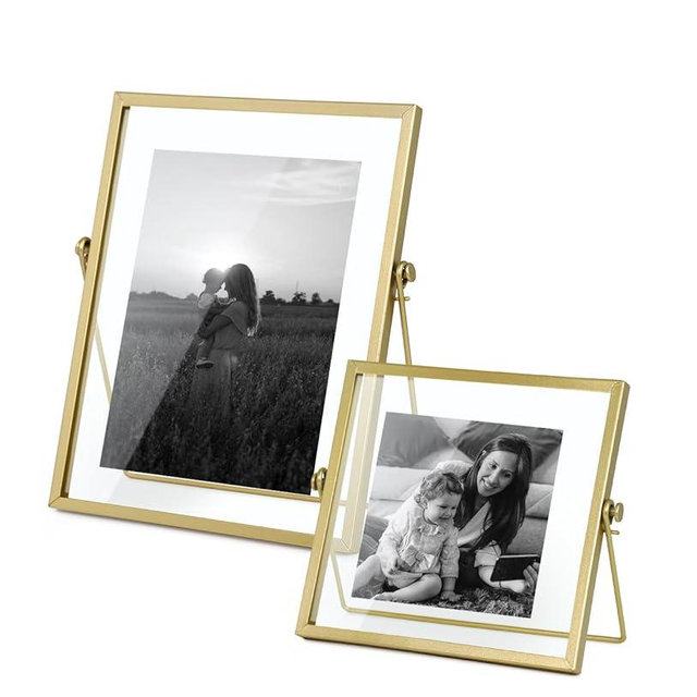 AceList Metal Picture Frames, Set of 2 Ornate Minimal Floating Edge Clear Glass Table Top Easel Stand Photo Frames in Gold, 4 x 4, 5x7, Assortment Variety