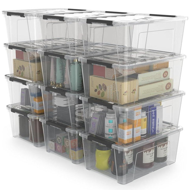 WYT 12 Pack Small 5-Quart Clear Plastic Storage Bins with Lids and Latch Buckles, Storage Organizer Container with Handle