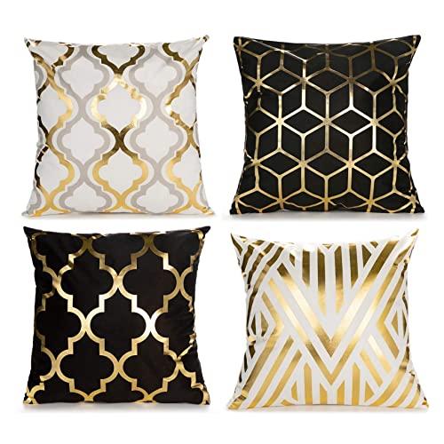 ZLINA Home Decorative Set of 4 Throw Pillow Covers Gold Foil Pillow Covers 18 ×18 Inch Geometric Square Cushion Covers Decor Couch Sofa Bedroom(Black/White and Gold)