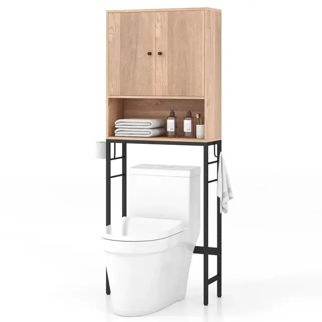 Over The Toilet Storage Bathroom Organizer with Double-Door Cabinet & Open Compartment Adjustable Shelf & Bottom Bar Space-saving Rack Natural