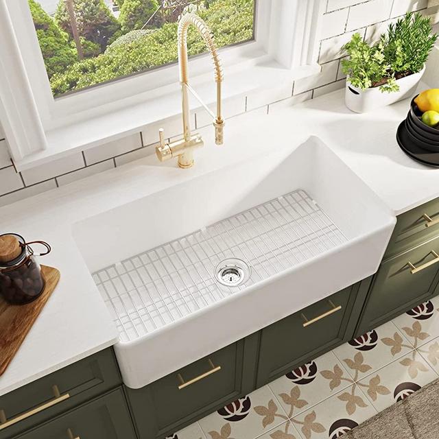 Single Bowl Kichen Sink, DeerValley DV-1K505 Grove 36"L x 18"W Fireclay Farmhouse Sink Apron Front Deep White Kitchen Sink with Sink Grid and Basket Strainer
