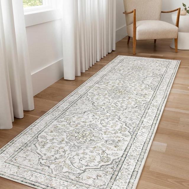 Lahome Oriental Washable Runner Rug,2.5x8 Boho Kitchen Runner Rugs Non Skid Washable,Runner Rug for Entryway Indoor Non-Slip,Traditional Thin Carpet Runner for Hallway Laundry Bathroom,(8ft,Beige)