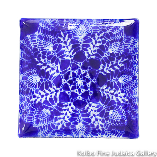 MATZAH PLATE, GLASS, COBALT BLUE, LACE PATTERN Product Code: kg-nmp-Cobalt Blue-Lace Pattern