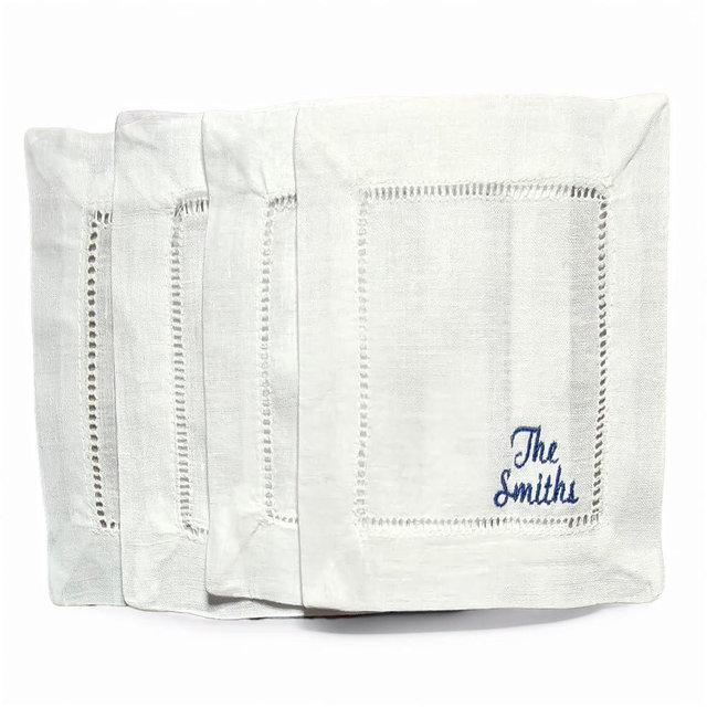 Personalized Embroidered Family Last Name Linen Cotton Cocktail Napkins, Custom White Cloth 6"x6" Hemstitch Coasters Wedding Bridal Shower Bachelorette Bridesmaid Party Birthday Bar Cart (Set of 4)