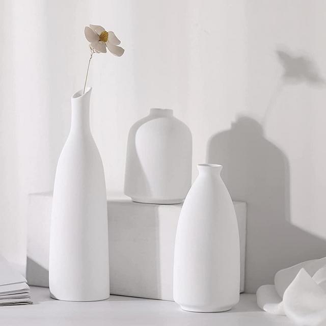 White Ceramic Vase for Home Decor, Small Flower Vases Set - 3 for Modern Rustic Farmhouse, Decorative Vase for Pampas Grass & Dried Flowers, Idea Bookshelf Décor, Dining Table Decor