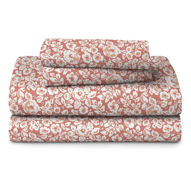 Welhome 100% Cotton Percale 4-Piece Queen Size Solid Bed Sheets Set, 1 Fitted, 1 Flat Sheet with 2 Pillowcases, Imprint Floral in Orange