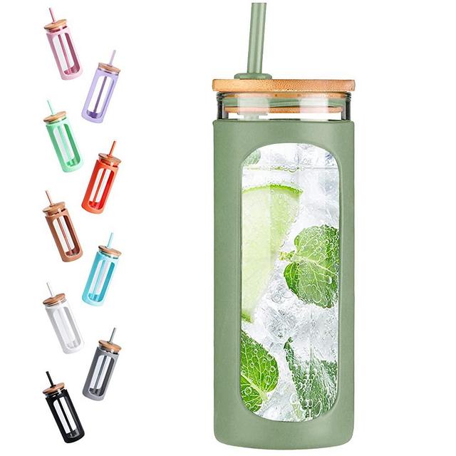 Kodrine 20oz Glass Water Bottle with Straw and Lid,Bamboo Lids Water Tumbler, Iced Coffee Cup Reusable, Wide Mouth Smoothies Cup, Straw Silicone Protective Sleeve BPA FREE-Olive