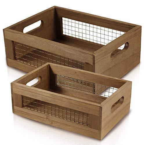 Set of 2 Nesting Countertop Baskets - Wooden Organizer Crates for Kitchen, Bathroom, Pantry | For Fruit, Vegetables, Produce, Bread and General Storage Space | Decorative Rustic Wood and Metal Wire