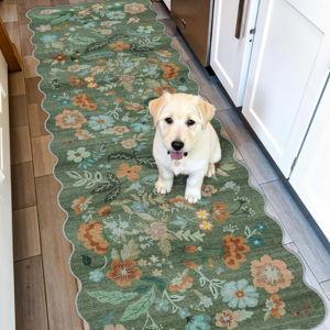 Washable 2x6 Runner Rug for Entryway: Hallway Kitchen Easy-Clean Carpet with Non-Slip Backing Stain-Resistant Low Pile Floor Mat – Perfect for High-Traffic Areas with Pets (2x6 Floral/Green)