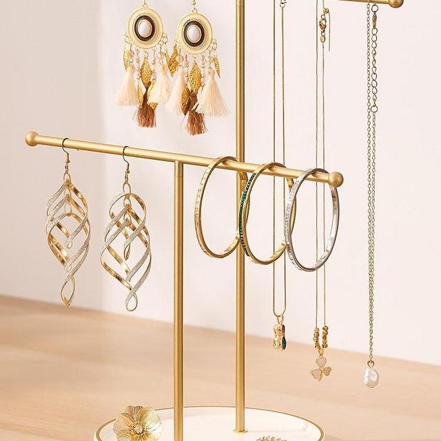 Josmimic Gold Jewelry Holder Stand with Ceramic Tray: Small Hanging Necklace Organizer Tree for Earrings, Bracelets, Rings – Jewelry Display Hanger for Women & Girls, White