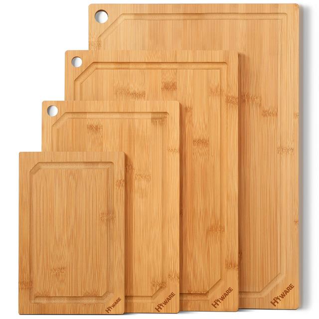 Hiware 4-Piece Bamboo Cutting Boards for Kitchen, Heavy Duty Cutting Board with Juice Groove, Bamboo Chopping Board Set for Meat, Vegetables - Pre Oiled, Extra Large