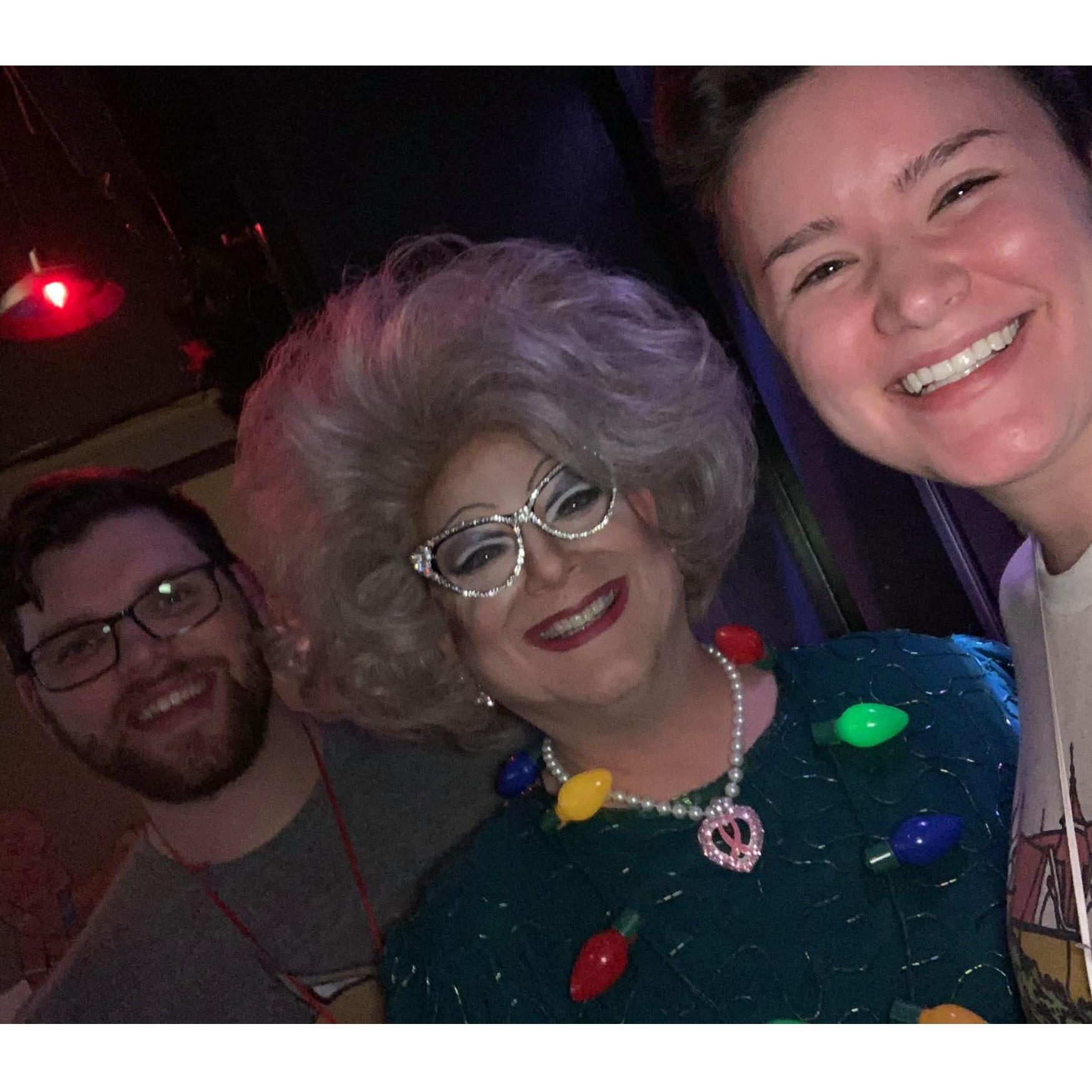 Julia & Stephen with Stephen's CT Daniel Davis at his drag show in Austin, TX